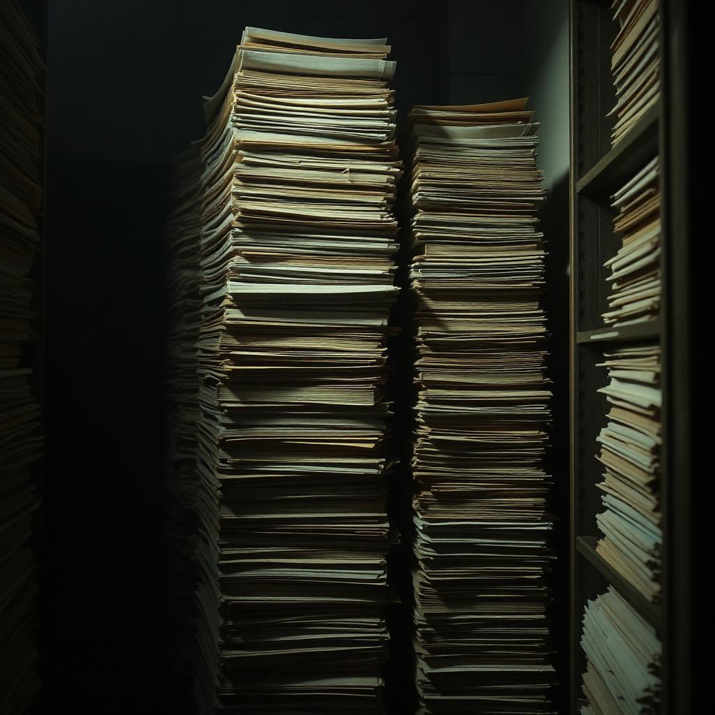 Towering stacks of institutional paper reports